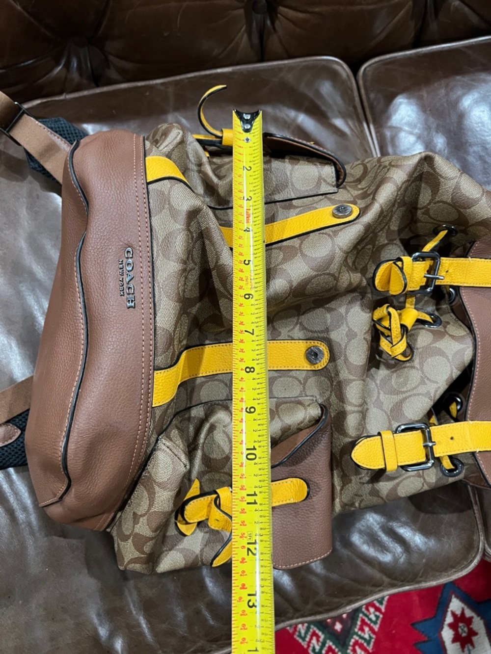 Coach Brown Signature Canvas Backpack with Yellow Leather Straps - Picture 8 of 10